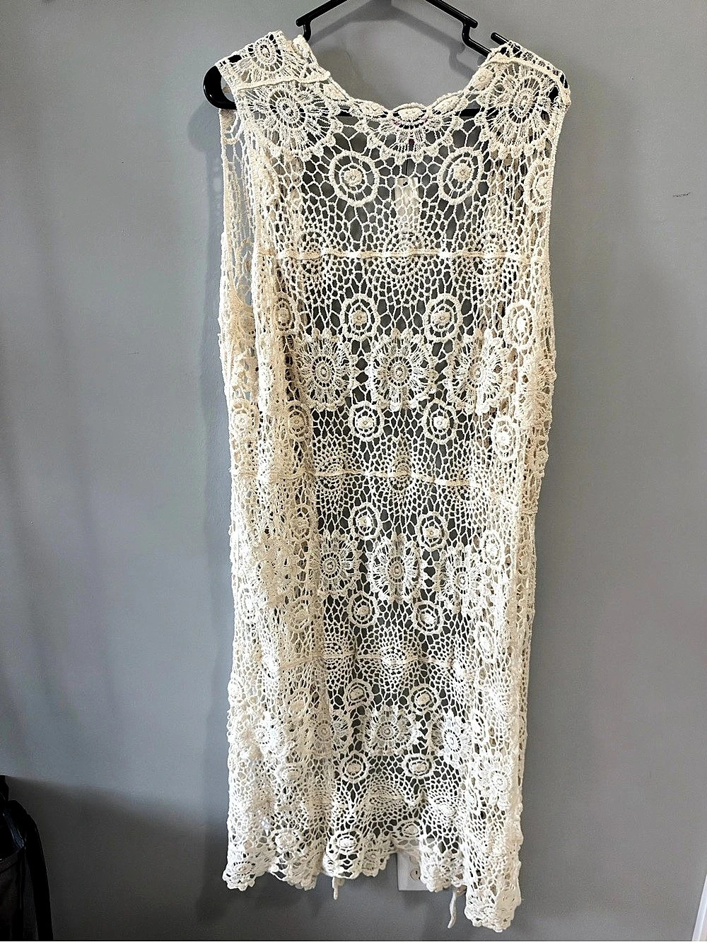 Francesca's Miami Crochet Lace long duster vest Cream NWT boho